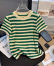 Green and cream striped knit top with crew neckline and short sleeves