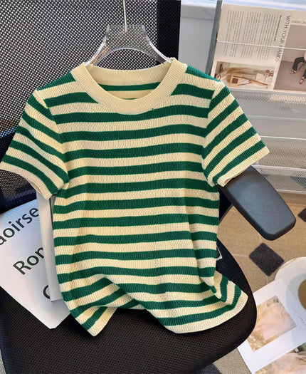 Green and cream striped knit top with crew neckline and short sleeves