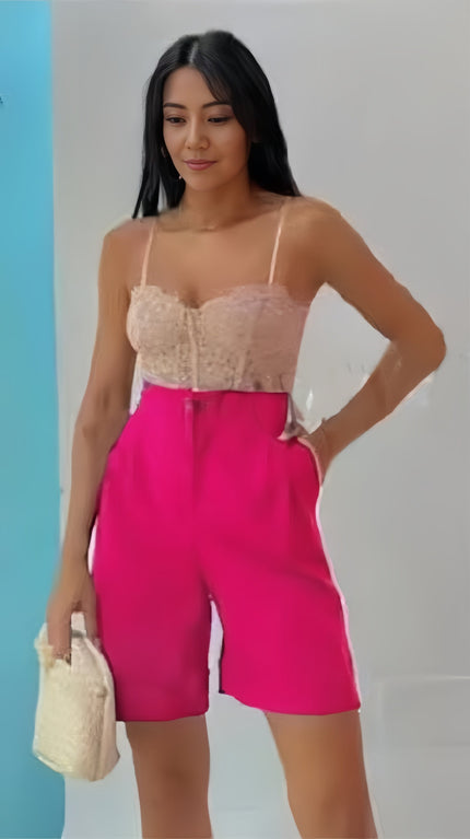 High waist stretch shorts, deep pink, wide waistband with pleats.