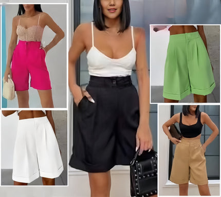 High waist stretch shorts, multi-color views: black, white, khaki, pink, green.
