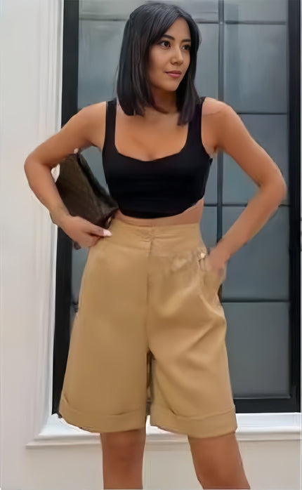 High waist stretch shorts, khaki tan, structured front with pleat details.