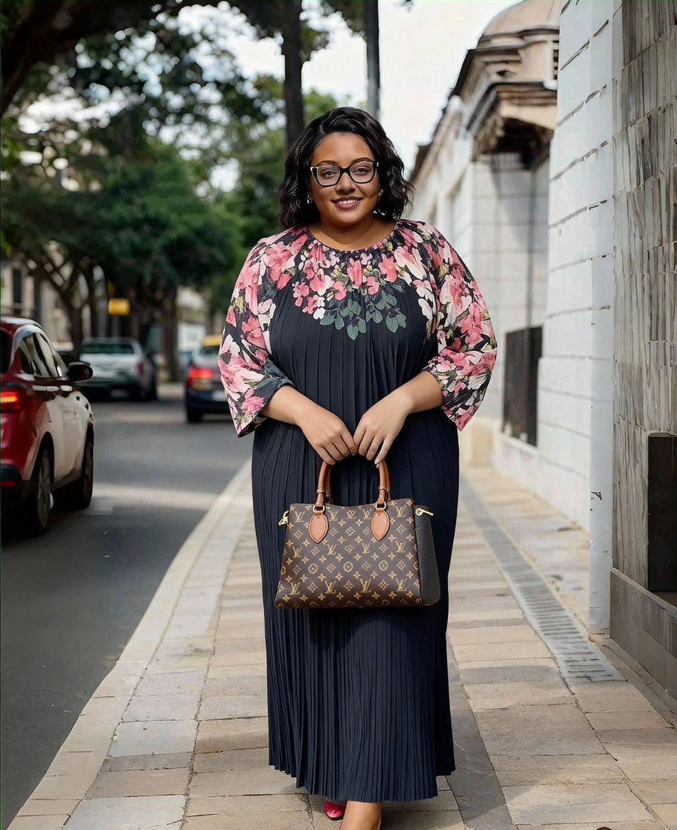 Pleated Maxi Dress  Floral Puff Sleeve