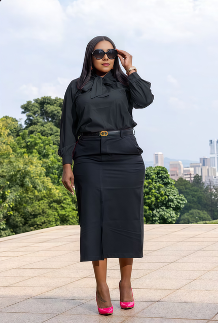 Long-sleeve bow-tie blouse in dark black with tied collar and gathered cuffs.