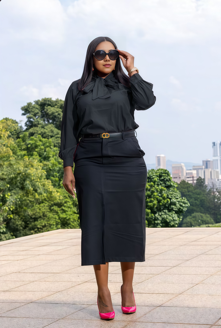 Long-sleeve bow-tie blouse in dark black with tied collar and gathered cuffs.