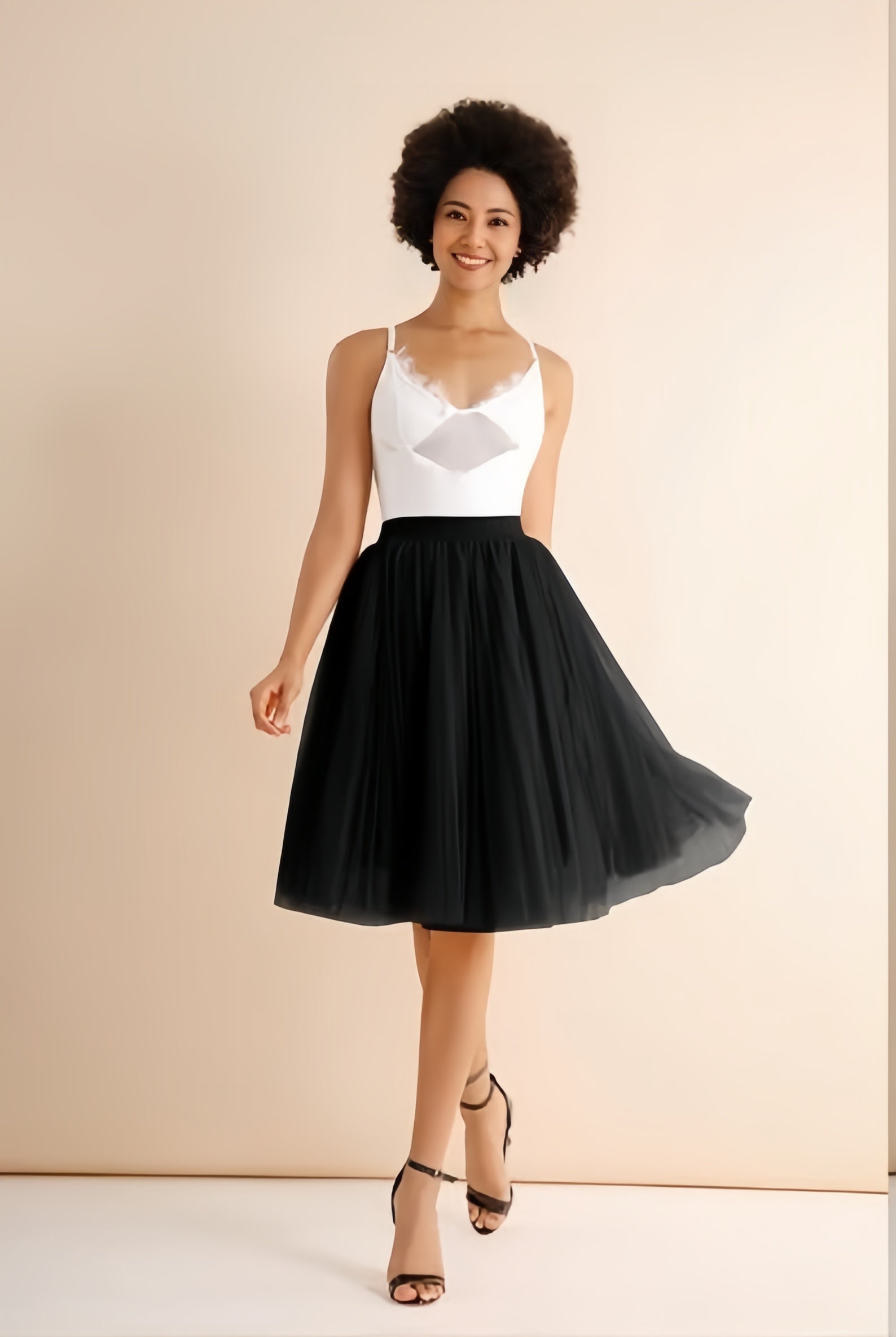 Pleated midi skirt with stretch waist, black