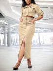 Beige button-up shirt and midi skirt set with side slit, short sleeves