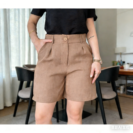 Tan pleated high-waist shorts, button detail at waistband