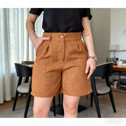 Peru pleated high-waist shorts, button detail at waistband