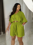 Yellow-green V-neck tie-waist blouse and elastic shorts set with ring buckle