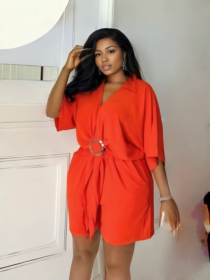 Orange-red V-neck tie-waist blouse and elastic shorts set with ring belt