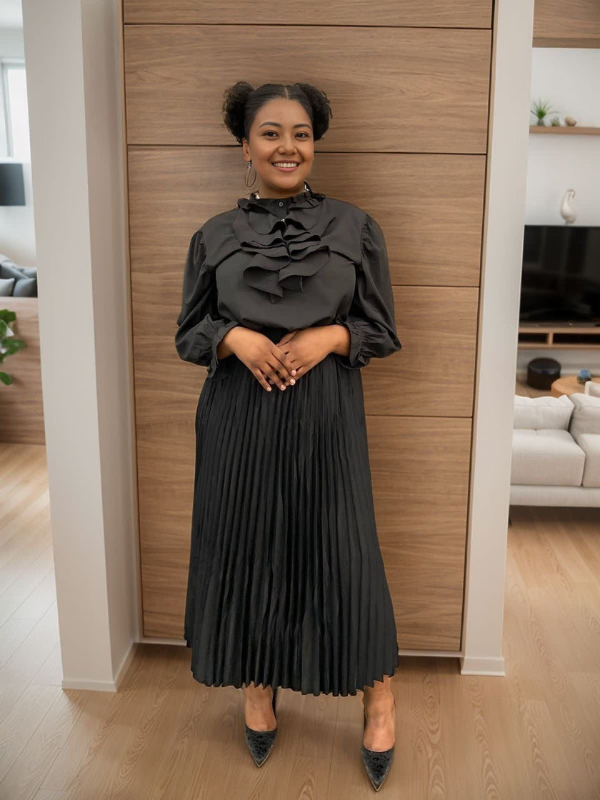 Women's Long-Sleeve Top with Ruffle Trim and Elegant Sleeve Detailing