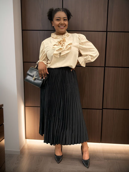 Light cream ruffle blouse with pleated puff sleeves and layered neck