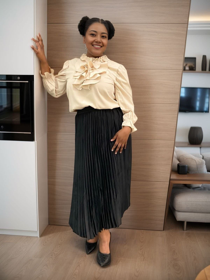 Women's Long-Sleeve Top with Ruffle Trim and Elegant Sleeve Detailing