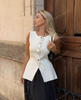Fitted Sleeveless Top with Gold Buttons, Stylish Slit Detail for a Trendy Look