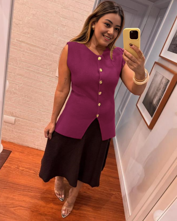 Purple sleeveless top with gold buttons and center slit detail