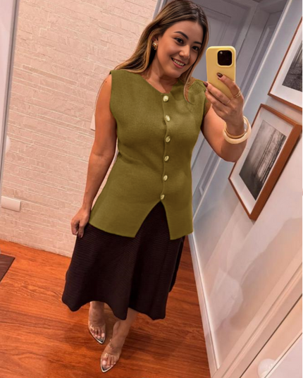 Olive sleeveless top with gold buttons and slit detail