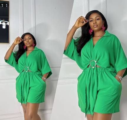 Forest-green V-neck tie-waist blouse and elastic shorts set with ring buckle