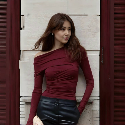 Maroon off-shoulder ruched long-sleeve top with gathered neckline