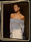 Light gray off-shoulder ruched long-sleeve top with draped neckline