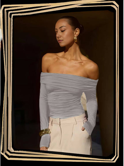 Light gray off-shoulder ruched long-sleeve top with draped neckline