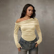 Beige off-shoulder ruched long-sleeve top with draped neckline