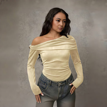 Beige off-shoulder ruched long-sleeve top with draped neckline