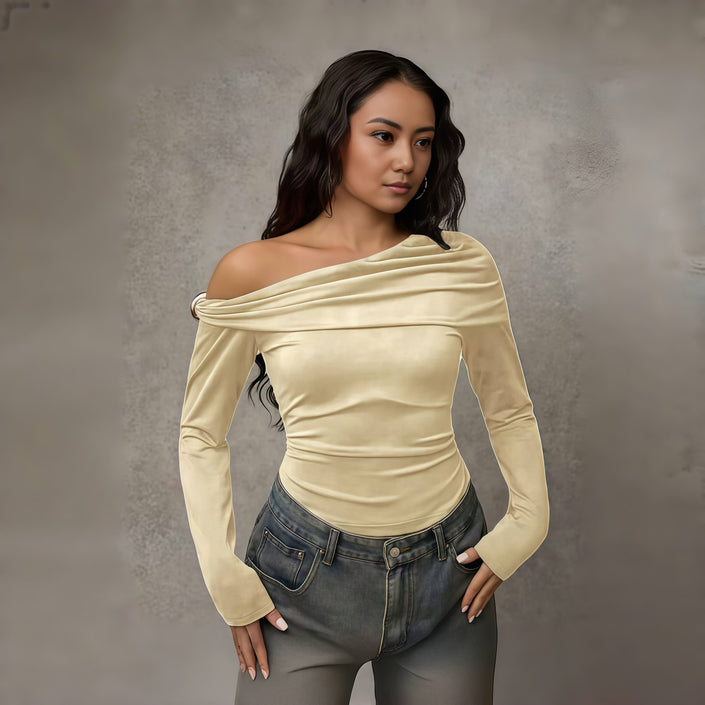 Beige off-shoulder ruched long-sleeve top with draped neckline