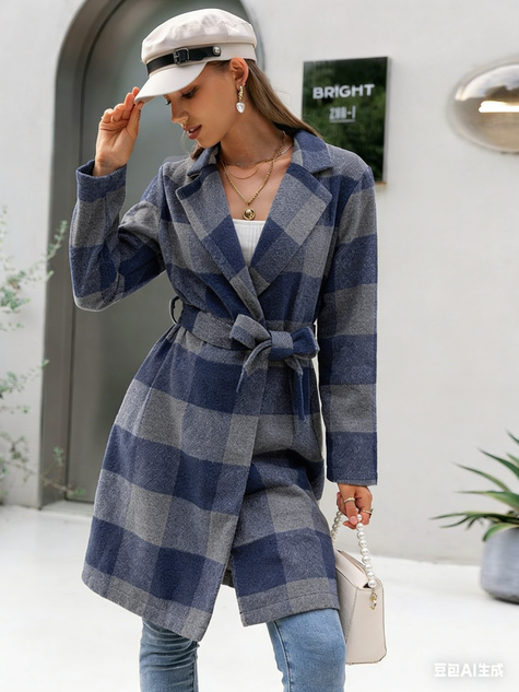 Belted Check Coat  Structured Business Casual