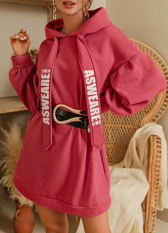 Oversized hoodie dress in deep pink with front pocket and drawstring hood.