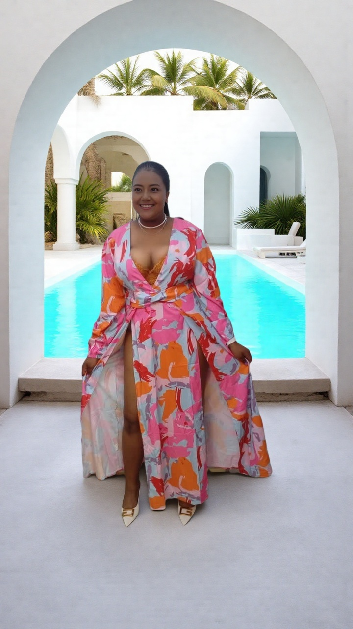 Women's Long Sleeve V-Neck Wrap Dress with Abstract Print and Front Slit