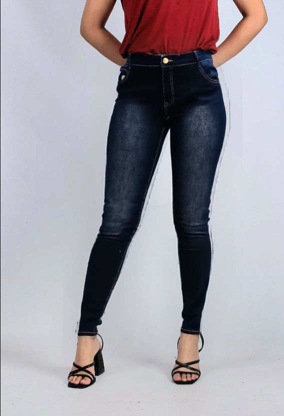 High-waist skinny jeans, dark blue wash with faded thigh and knee panels