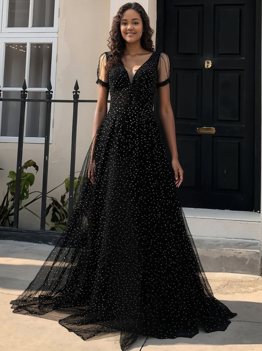 Celestial Starry V-Neck Evening Gown with Sheer Sleeves and Flowing Overlay Skirt