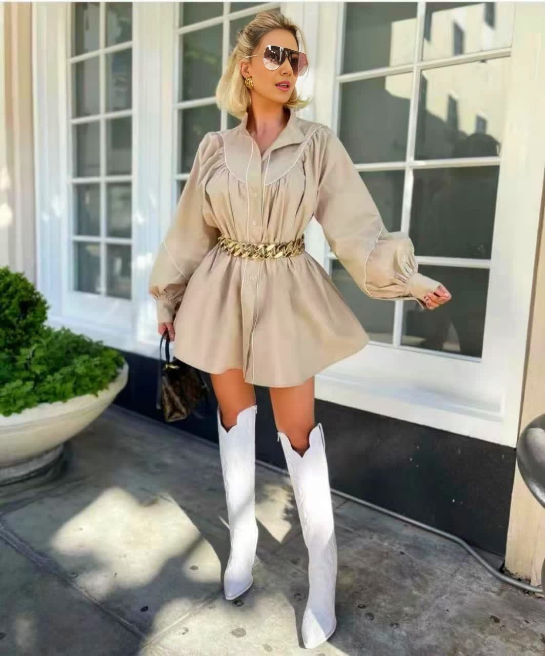 Khaki puff sleeve mini dress with front button placket and cinched waist