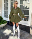 Dark-olive-green puff sleeve mini dress with front button placket and cinched waist