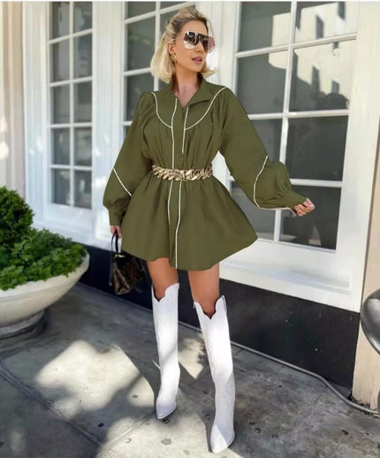 Dark-olive-green puff sleeve mini dress with front button placket and cinched waist