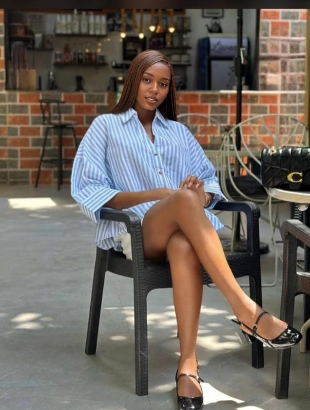 Blue striped relaxed button-front shirt blouse with long sleeves and collar