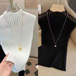 Sleeveless Ribbed Knit Top  High Neck & Semi-Sheer Stripe Detail  Slim Fit Tank