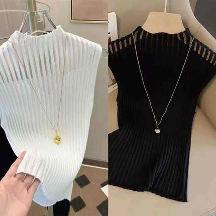 Sleeveless Ribbed Knit Top  High Neck & Semi-Sheer Stripe Detail  Slim Fit Tank