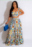 Blue floral maxi skirt with elastic stretch waist and sleeveless crop top set