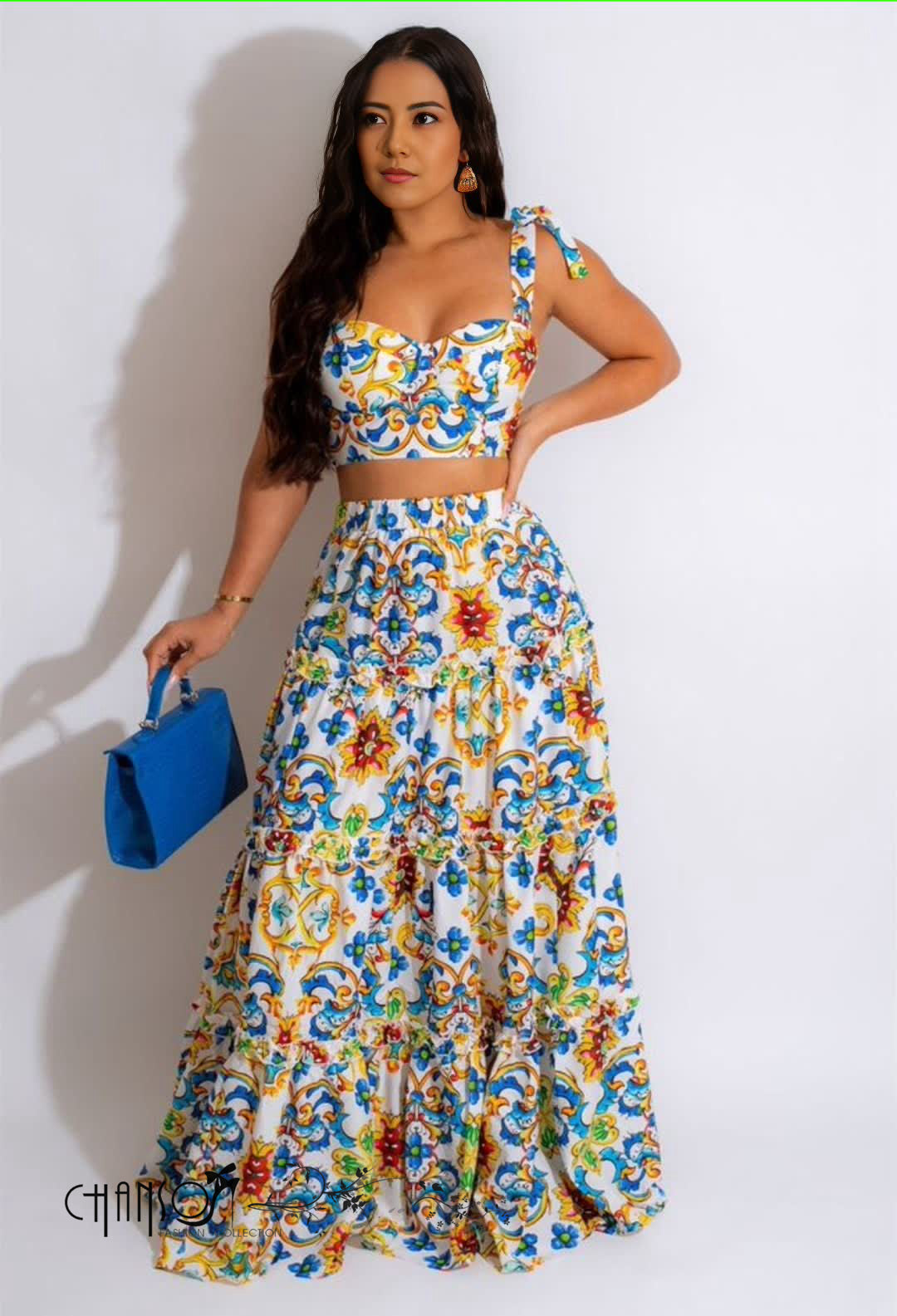Blue floral maxi skirt with elastic stretch waist and sleeveless crop top set