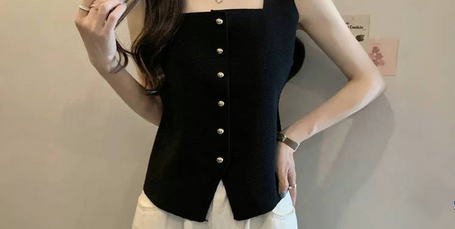 Black knitted square-neck sleeveless top with button front and curved hem