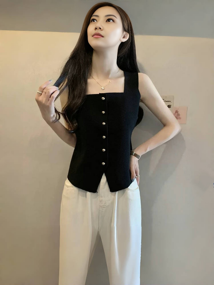 Black knitted square-neck sleeveless top with button front and curved hem