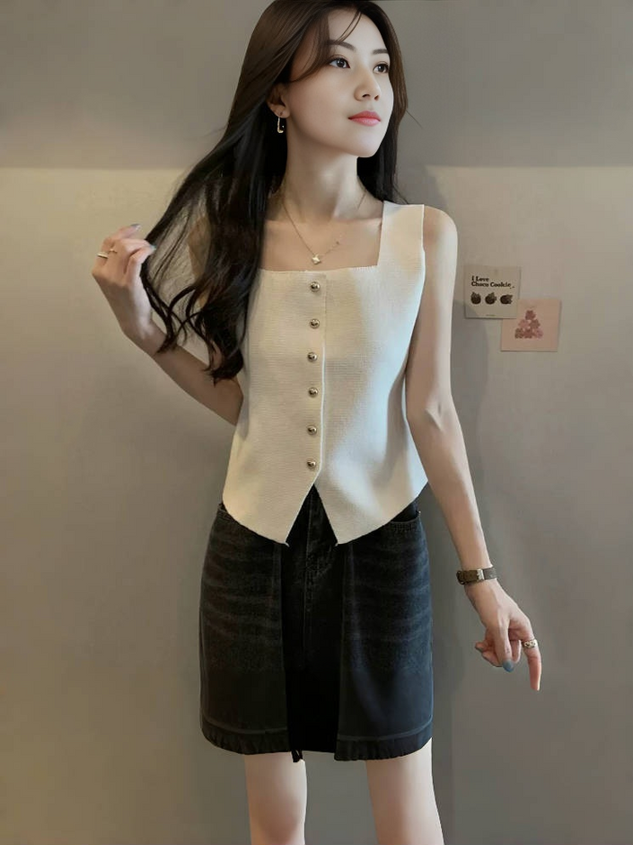 Cream knitted square-neck sleeveless top with button front and side-split hem