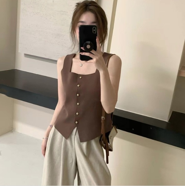 Brown knitted square-neck sleeveless top with button front and straight hem