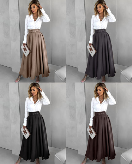 Pleated maxi skirt with belted high waist, flowing A-line silhouette