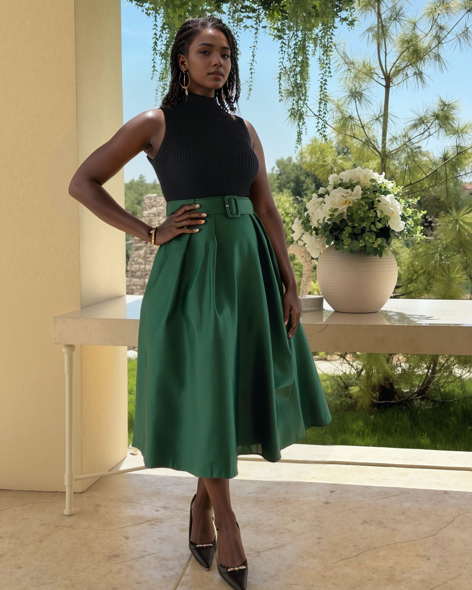 Dark-green belted pleated midi skirt with high-waist buckle belt