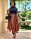 Coffee-brown belted pleated midi skirt with high waist buckle belt