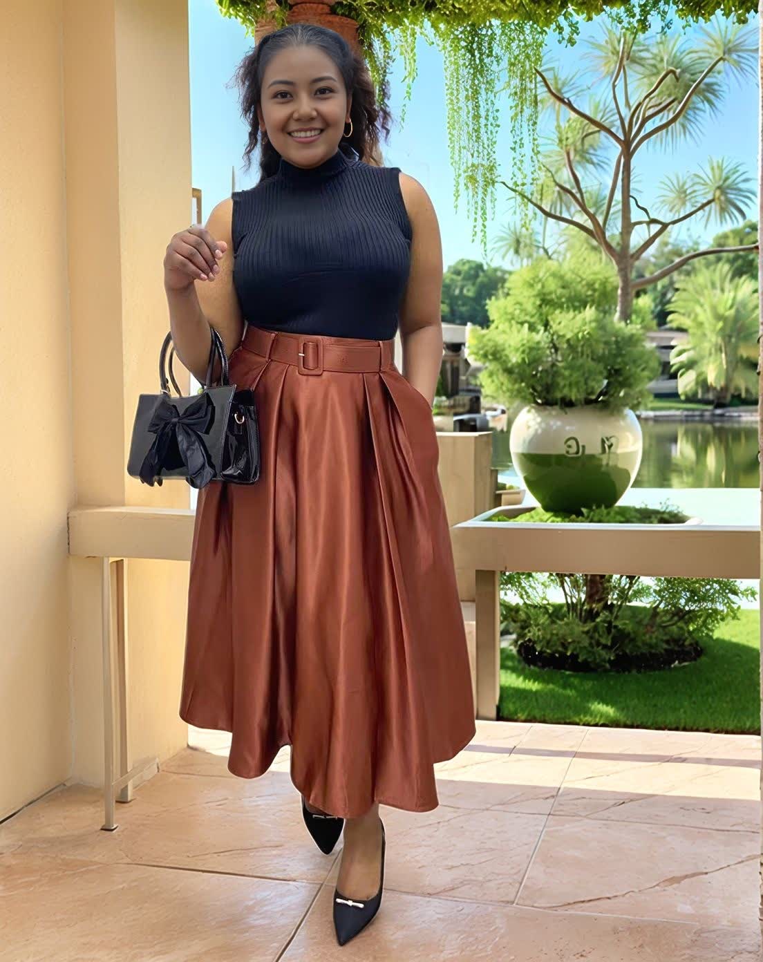 Coffee-brown belted pleated midi skirt with high waist buckle belt