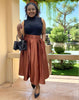 Coffee-brown belted pleated midi skirt with high waist buckle belt