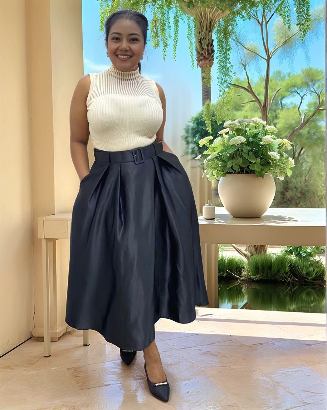 Black belted pleated midi skirt with high waist belt detail